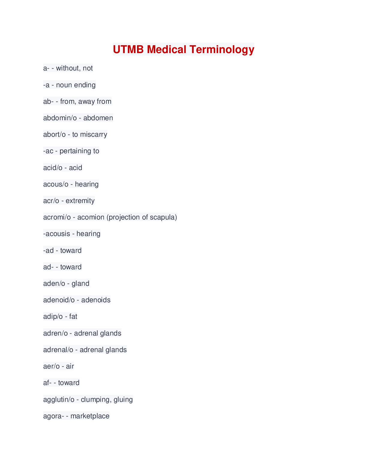 Preview image of UTMB Medical Terminology document